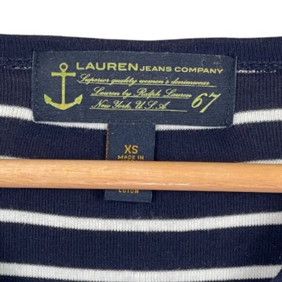 LAUREN JEANS CO. NAVY BLUE STRIPED V-NECK LONG SLEEVE TOP - Picture 6 of 7